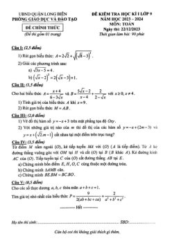 Đề học kì 1 Toán 9 năm 2023 – 2024 phòng GD&ĐT Long Biên – Hà Nội