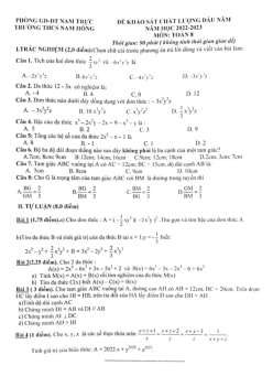 Đề khảo sát Toán 8 đầu năm 2022 – 2023 trường THCS Nam Hồng – Nam Định