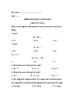 Bài tập cuối tuần Toán lớp 2 Kết nối Tri thức Tuần 12