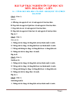 Bài tập trắc nghiệm môn hóa học 9 Bài 1: Tính chất hóa học của oxit - khái quát về sự phân loại oxit