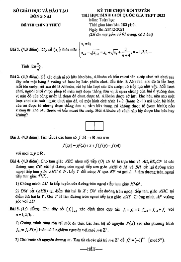 Đề chọn đội tuyển thi HSG QG THPT 2022 môn Toán sở GD&ĐT Đồng Nai