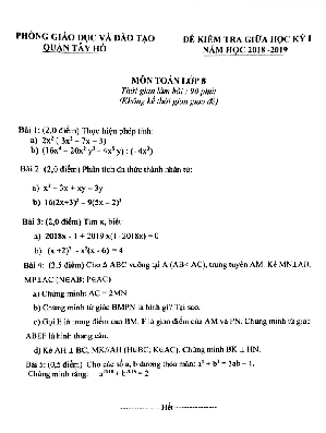 Đề kiểm tra giữa học kì 1 Toán 8 năm 2018 – 2019 phòng GD và ĐT Tây Hồ – Hà Nội