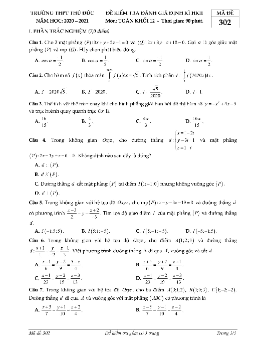 Đề thi HK2 Toán 12 năm 2020 – 2021 trường THPT Thủ Đức – TP Hồ Chí Minh