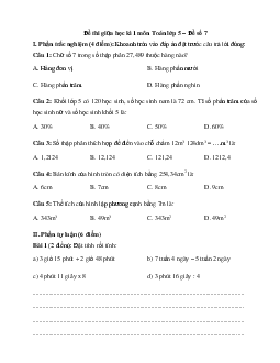 Đề thi giữa học kì 2 lớp 5 môn Toán - Số 7