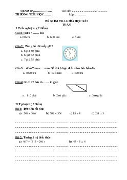 Bộ đề thi giữa học kì 1 môn Toán 3 năm 2023 - 2024 (Đề 1) | Chân trời sáng tạo