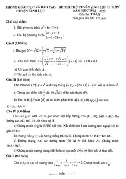 Đề thi thử Toán vào lớp 10 năm 2022 – 2023 phòng GD&ĐT Bình Lục – Hà Nam