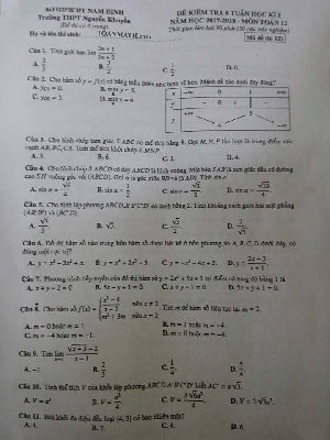 Đề kiểm tra 8 tuần HKI năm học 2017 – 2018 môn Toán 12 trường THPT Nguyễn Khuyến – Nam Định