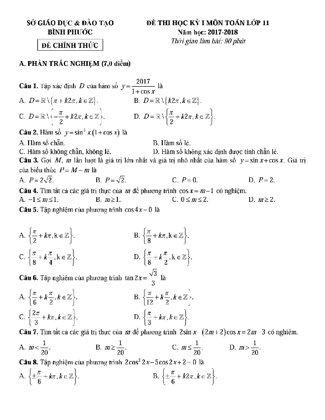 Đề thi học kỳ 1 Toán 11 năm học 2017 – 2018 sở GD và ĐT Bình Phước