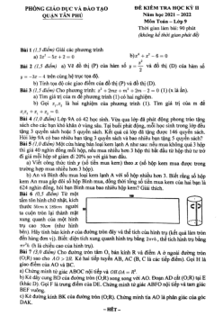 Đề kiểm tra học kỳ 2 Toán 9 năm 2021 – 2022 phòng GD&ĐT Tân Phú – TP HCM