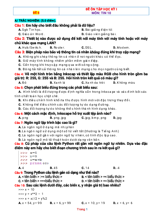 Đề ôn thi HK 1 môn Tin 10 Kết nối tri thức (có đáp án-Đề 6)