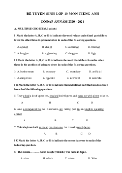 Đề thi tuyển sinh lớp 10 môn Anh số 6 năm 2020-2021