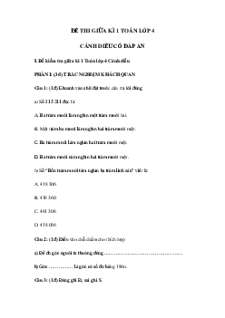 Đề ôn thi giữa kì 1 Toán lớp 4 Cánh diều - Đề số 1