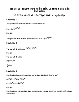 Giải Toán 8 Bài 1: Đơn thức nhiều biến. Đa thức nhiều biến | Cánh diều