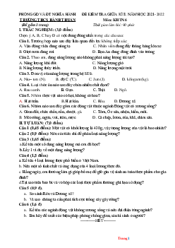 Đề thi giữa HK2 môn KHTN 6 năm 2022 (có đáp án)