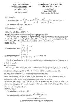 Đề kiểm tra chất lượng Toán 9 năm 2022 – 2023 trường THCS Đống Đa – Hà Nội