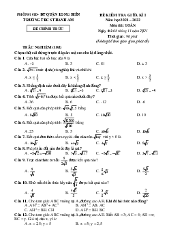 Đề kiểm tra giữa kì 1 Toán 9 năm 2021 – 2022 trường THCS Thanh Am – Hà Nội
