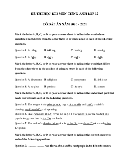 Đề thi tiếng Anh lớp 12 học kì 2 có đáp án năm 2024 số 1