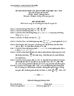 Đề thi tuyển sinh lớp 10 năm học 2017 – 2018 môn Toán sở GD và ĐT Tây Ninh
