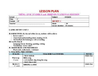 Review 4: Giáo án Tiếng Anh 2 sách Chân trời sáng tạo (Cả năm)