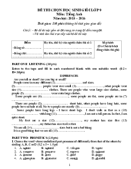 Đề thi chọn học sinh giỏi lớp 9 môn Tiếng Anh năm học 2015-2016 thời gian 150 phút (có đáp án )