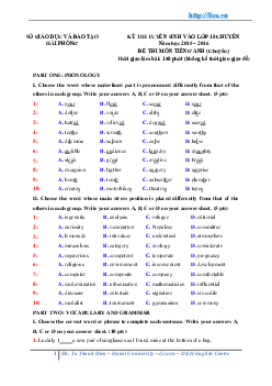 Đề thi tuyển sinh vào lớp 10 THPT Chuyên Trần Phú, Hải Phòng môn Tiếng Anh (chuyên) năm học 2015-2016 (có đáp án)