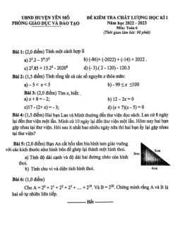 Đề học kì 1 Toán 6 năm 2022 – 2023 phòng GD&ĐT Yên Mô – Ninh Bình