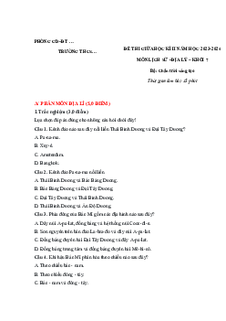 Đề thi giữa học kì 2 môn Lịch sử - Địa lí 7 năm 2023 - 2024 sách Chân trời sáng tạo - Đề 3