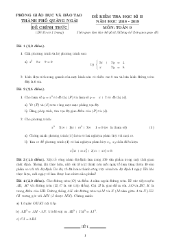 Đề kiểm tra học kỳ 2 Toán 9 năm 2018 – 2019 phòng GD&ĐT TP Quảng Ngãi