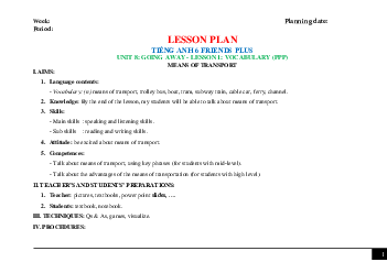 Giáo án Tiếng Anh 6 sách Friends Plus Unit 8