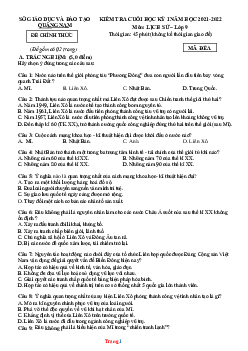 Đề thi HK1 môn Lịch Sử 9 Sở GD Quảng Nam năm học 2021-2022 (có đáp án)