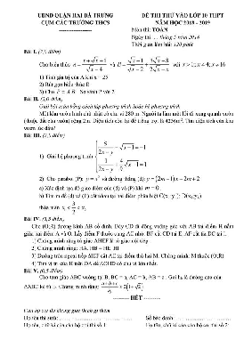 Đề thi thử vào lớp 10 môn Toán 2018 phòng GD và ĐT Hai Bà Trưng – Hà Nội