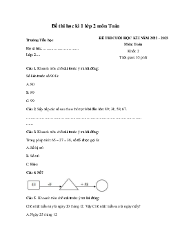 Đề thi học kì 1 lớp 2 môn Toán năm 2022-2023 | Chân trời sáng tạo