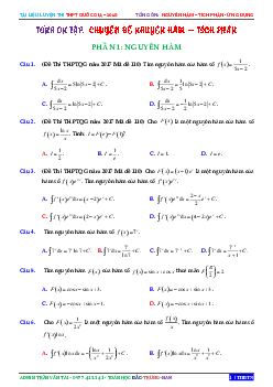 1287 bài tập trắc nghiệm nguyên hàm, tích phân và ứng dụng có đáp án trong các đề thi thử môn Toán 12