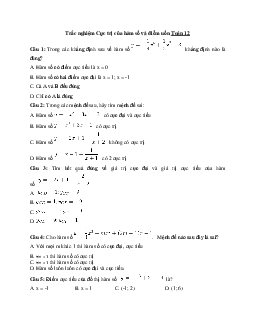 Bài tập trắc nghiệm Toán 12 về cực trị của hàm số và điểm uốn (Có đáp án)