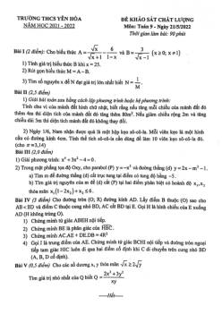 Đề khảo sát chất lượng Toán 9 năm 2021 – 2022 trường THCS Yên Hòa – Hà Nội