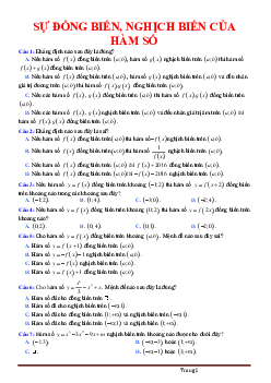 Câu hỏi trắc nghiệm Toán 12 Bài 1: Sự đồng biến, nghịch biến của hàm số (có đáp án)
