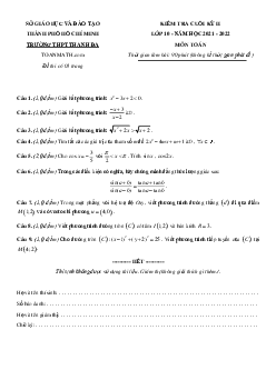 Đề kiểm tra cuối kỳ 2 Toán 10 năm 2021 – 2022 trường THPT Thanh Đa – TP HCM