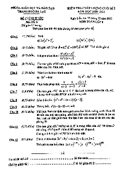 Đề thi HK1 Toán 8 năm 2020 – 2021 phòng GD&ĐT TP Đà Lạt – Lâm Đồng
