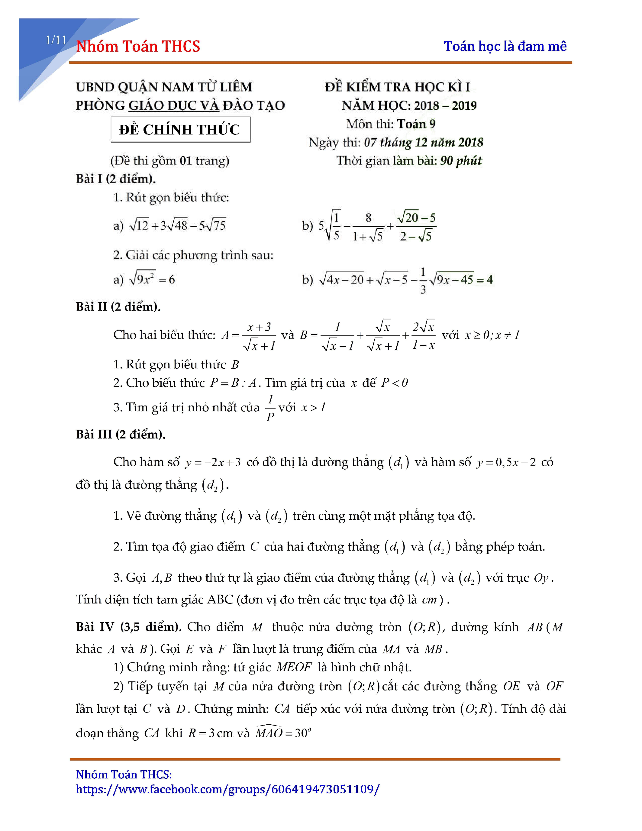 Đề kiểm tra học kỳ 1 Toán 9 năm 2018 – 2019 phòng GD và ĐT Nam Từ Liêm – Hà Nội