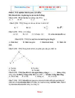 Đề ôn thi học kì 1 toán lớp 7 sách chân trời sáng tạo-đề 1 (có đáp án)