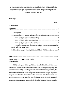 Lý thuyết giá trị của các nhà kinh tế tư sản Cổ điển Anh. C.Mác đã kế thừa và phát triển lý thuyết này như thế nào? Sự vận dụng lý thuyết giá trị của C.Mác ở Việt Nam hiện nay
