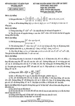 Đề tuyển sinh lớp 10 môn Toán (chuyên) năm 2022 – 2023 sở GD&ĐT Quảng Ngãi