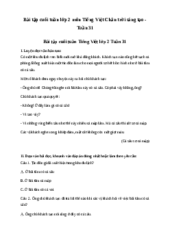 Bài tập cuối tuần lớp 2 môn Tiếng Việt Chân trời sáng tạo - Tuần 31