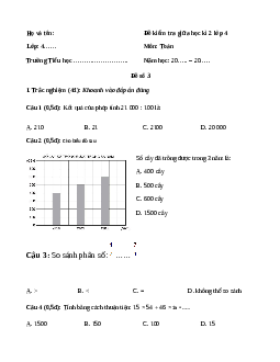 Đề thi giữa học kì 2 lớp 4 môn Toán Kết nối tri thức - Đề số 3