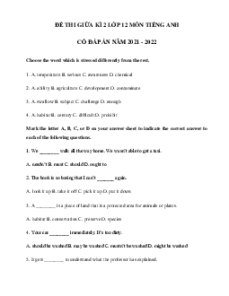Đề kiểm tra giữa kì 2 môn tiếng Anh lớp 12 (có đáp án)
