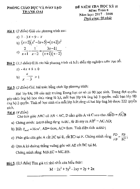 Đề thi học kỳ 2 Toán 8 năm 2017 – 2018 phòng GD và ĐT Thanh Oai – Hà Nội
