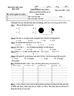 Đề kiểm tra cuối học kì 2 môn Toán lớp 5 năm học 2014-2015 trường Tiểu học Hóa Quỳ, Thanh Hóa