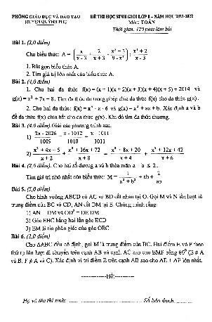 Đề học sinh giỏi Toán 8 năm 2021 – 2022 phòng GD&ĐT Quỳnh Phụ – Thái Bình