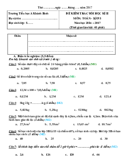Đề thi học kì 2 môn Toán lớp 5 trường Tiểu học A Khánh Bình năm 2016 - 2017