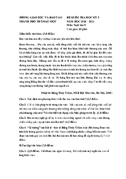 Đề thi học kì 1 Văn 9 Phòng GD&ĐT TP Thủ Dầu Một năm 2020 - 2021
